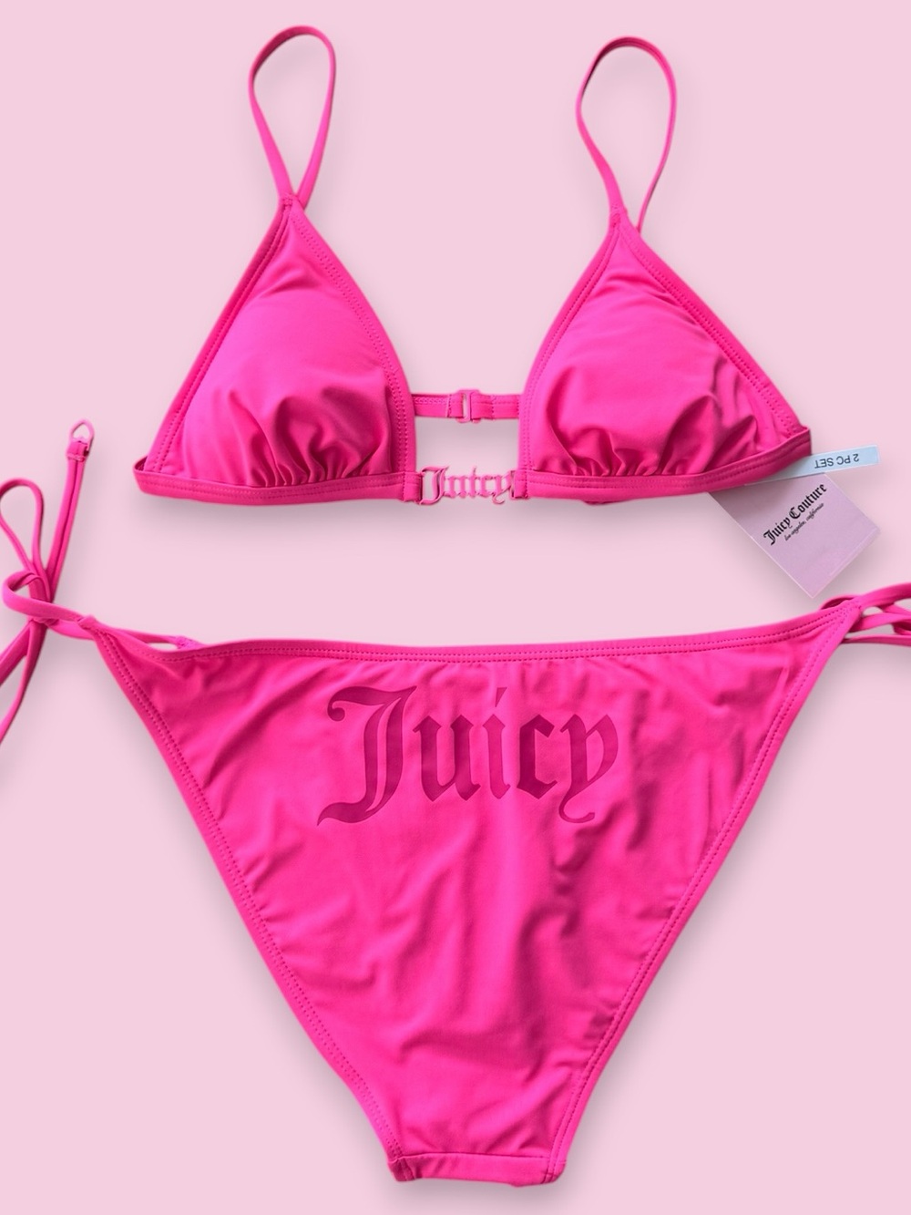 🆕 Juicy Couture Gothic Logo Heart detail Hot Pink 2Pc Bikini Set Medium BNWT